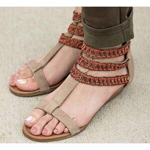 Minnetonka Beaded Wedge Sandals Suede Leather Womens Sz 7 brown